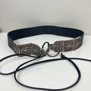 Brighton Western Silver Tone Design Black Leather Fringe Tie Belt Women's sz XL